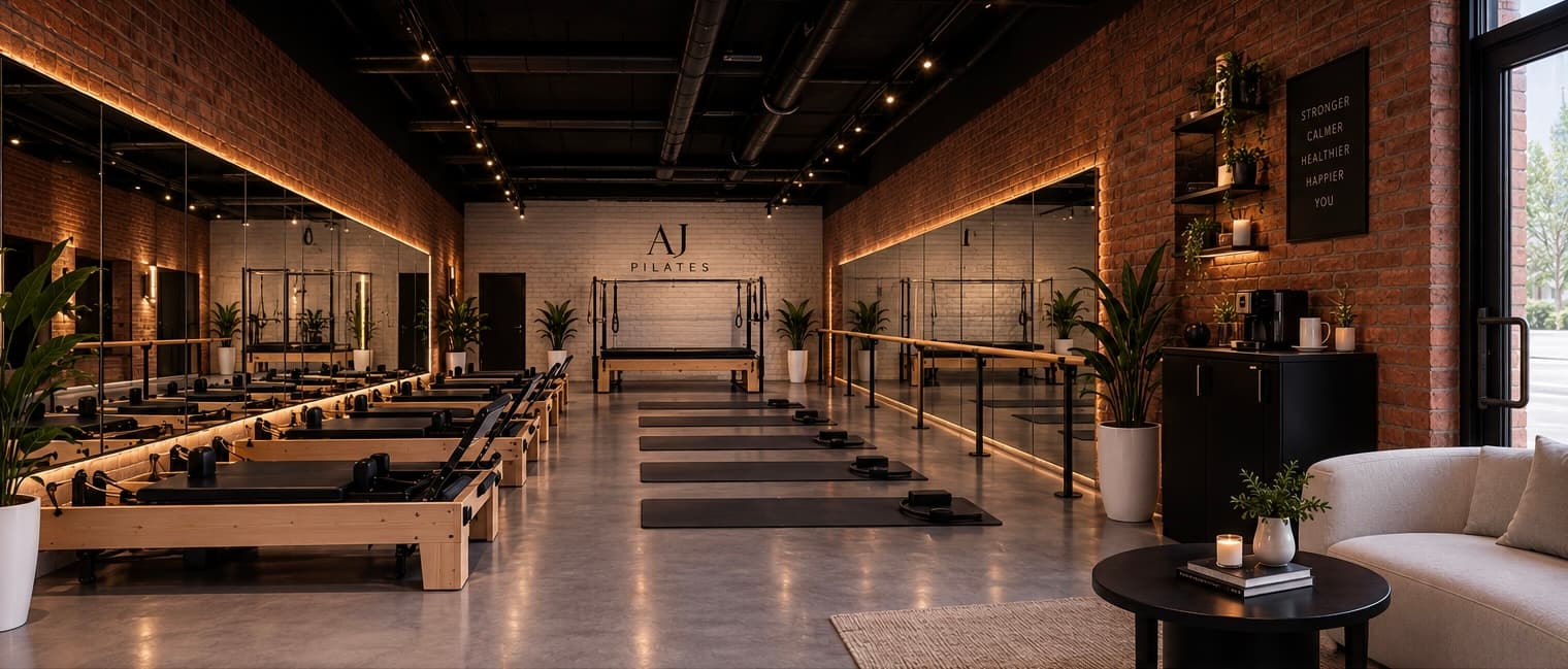 The AJ Pilates studio: reformers along a mirrored brick wall, mats on a polished floor and the AJ Pilates name on the back wall